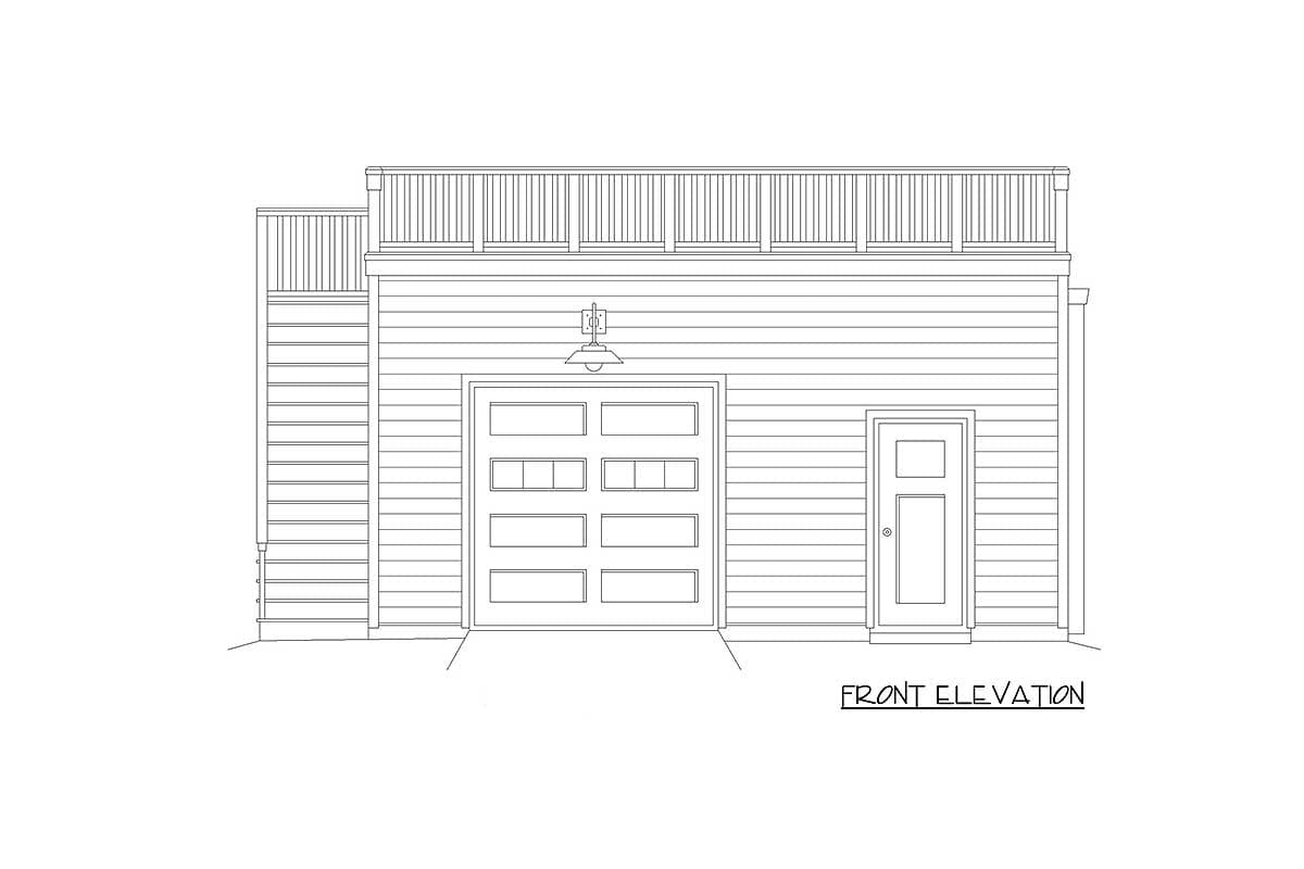 Front elevation drawing of a house with a two-car garage, pedestrian door, and second-story deck.