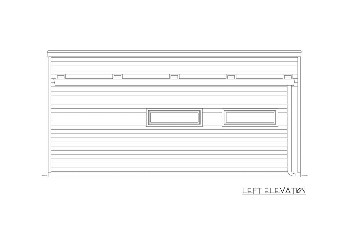 Left elevation drawing of a house with horizontal siding, two rectangular windows, and roof overhang details.