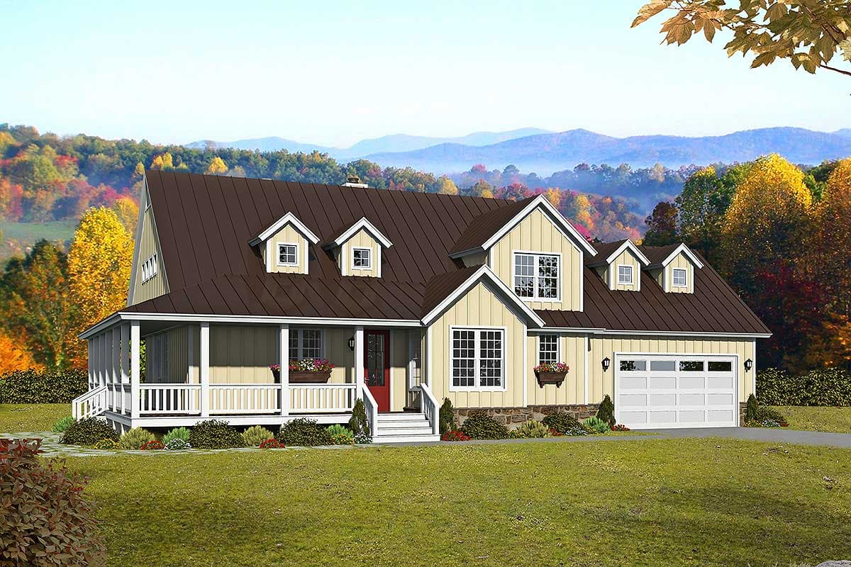 House plan exterior. Two-story farmhouse with a front porch, dormers, and an attached garage. Features a gabled roofline.