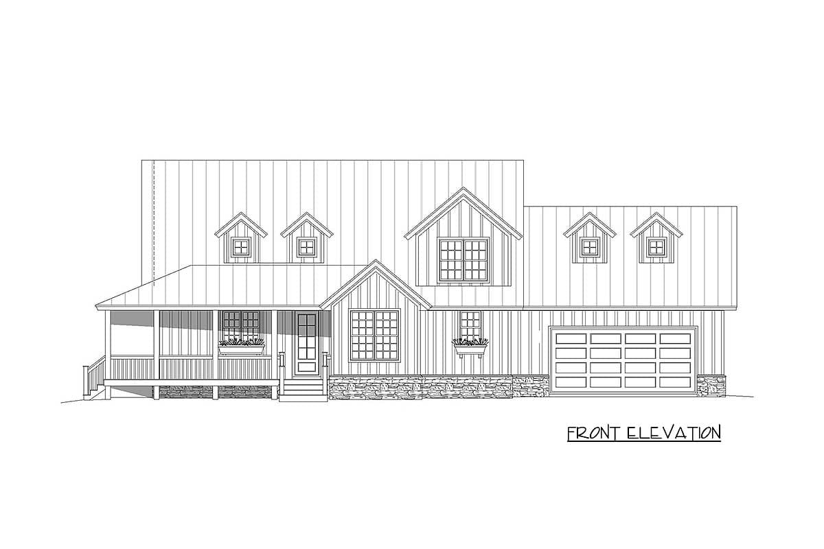 Front elevation of a house plan featuring a wraparound porch, metal roof, stone base, and a two-car garage.