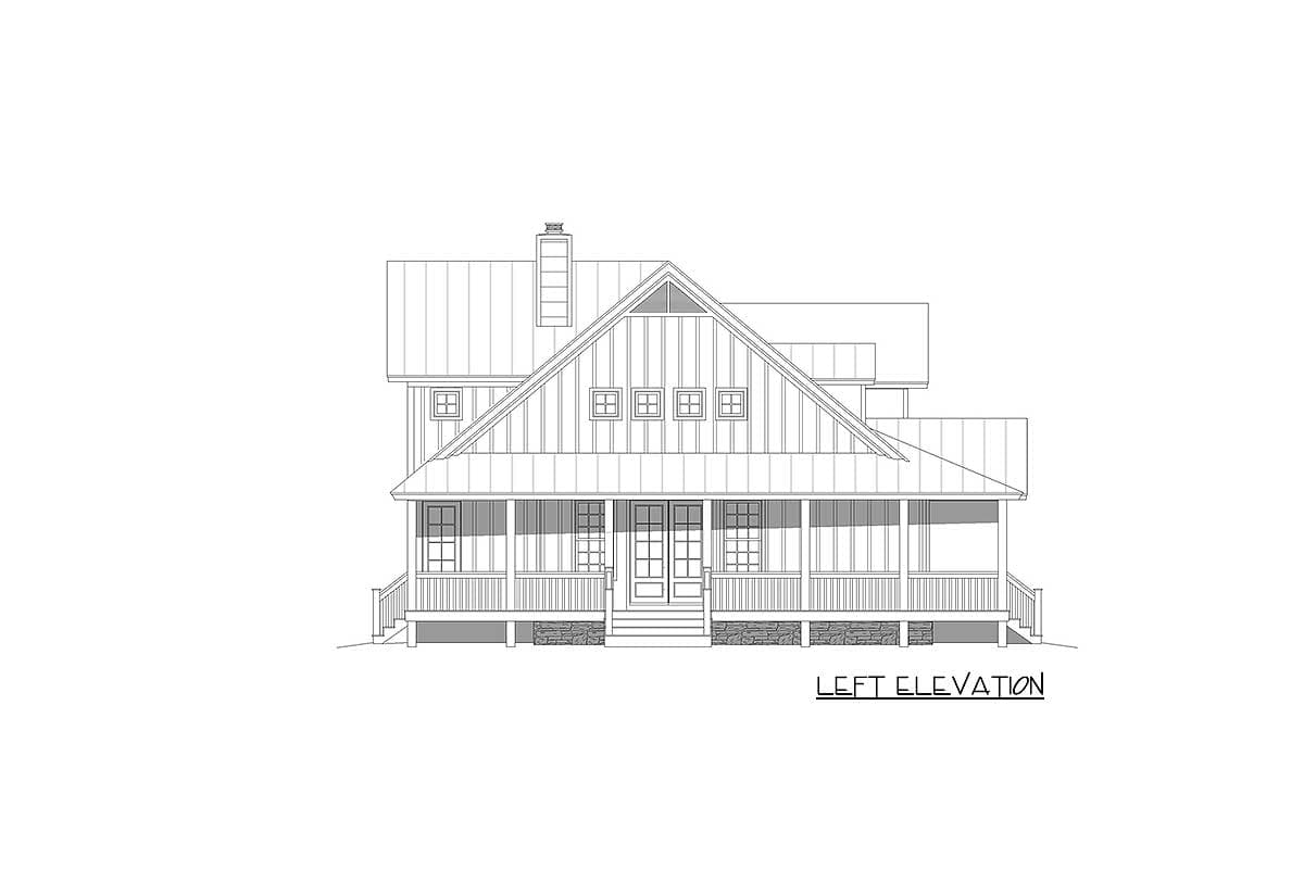 Left elevation house plan showing a two-story home with a metal roof, gables, dormers, and a full-width wrap-around porch.