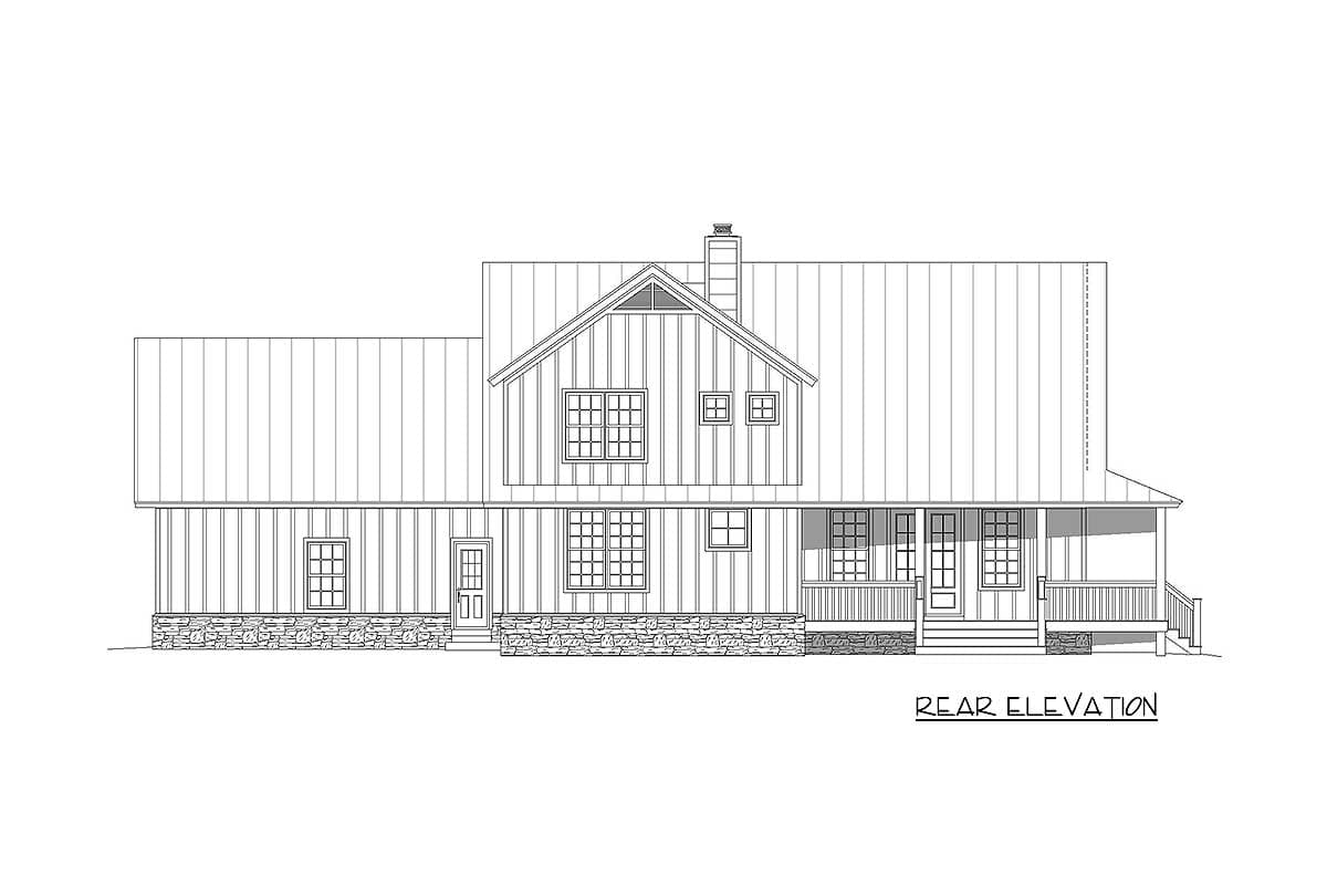 Rear elevation house plan with a gabled dormer, metal roof, stone base, and covered porch.