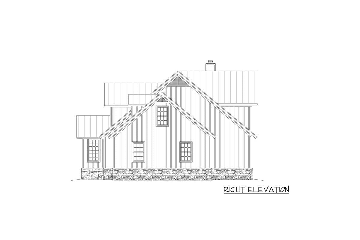House plan right elevation drawing featuring vertical siding, gables, dormers, stone foundation, and shed roof.