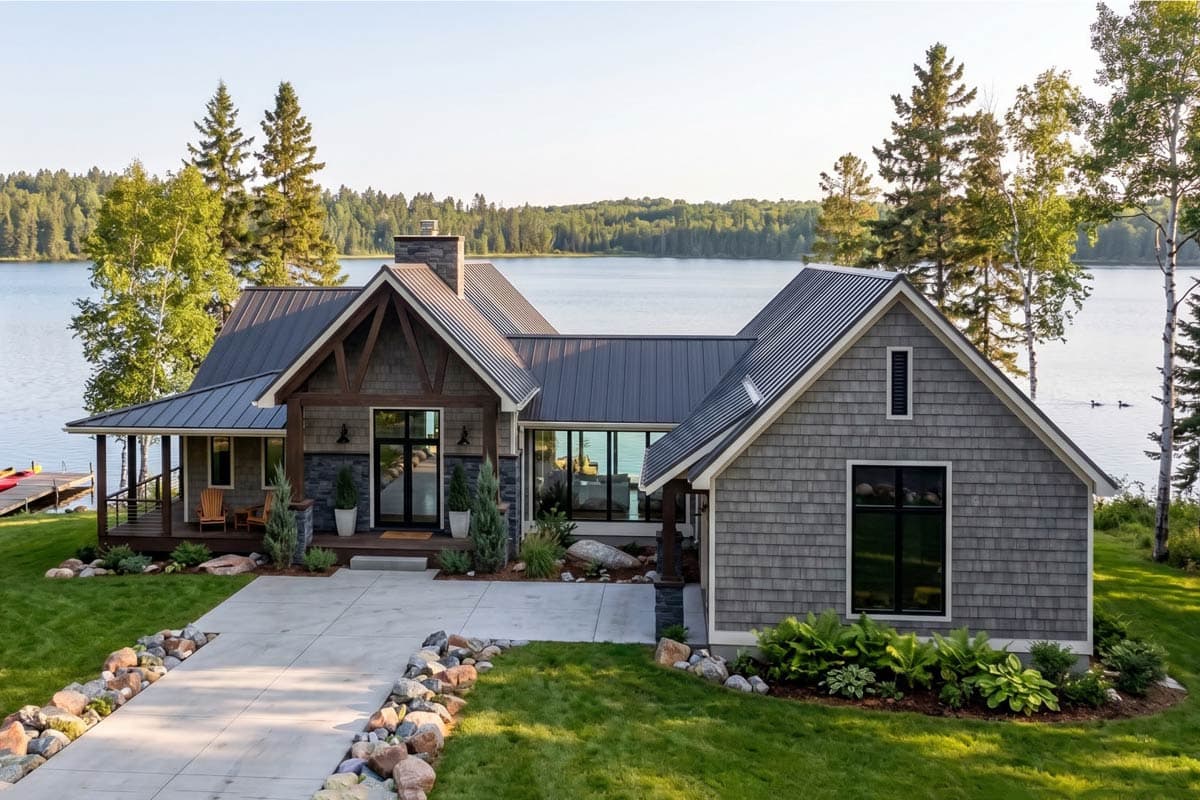 House plan exterior: Modern Farmhouse style, one story, with gables, exposed beams, stone accents, and a covered porch.