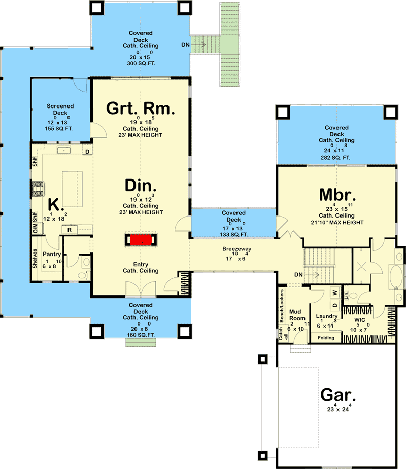 Plan 62977DJ: Lake Home Plan with Three Large Covered Decks - 2213 Sq Ft - Floor Plan - Main Level - Cabin, Cottage, Country, Craftsman, Modern Farmhouse, Mountain, New American, Rustic, Vacation