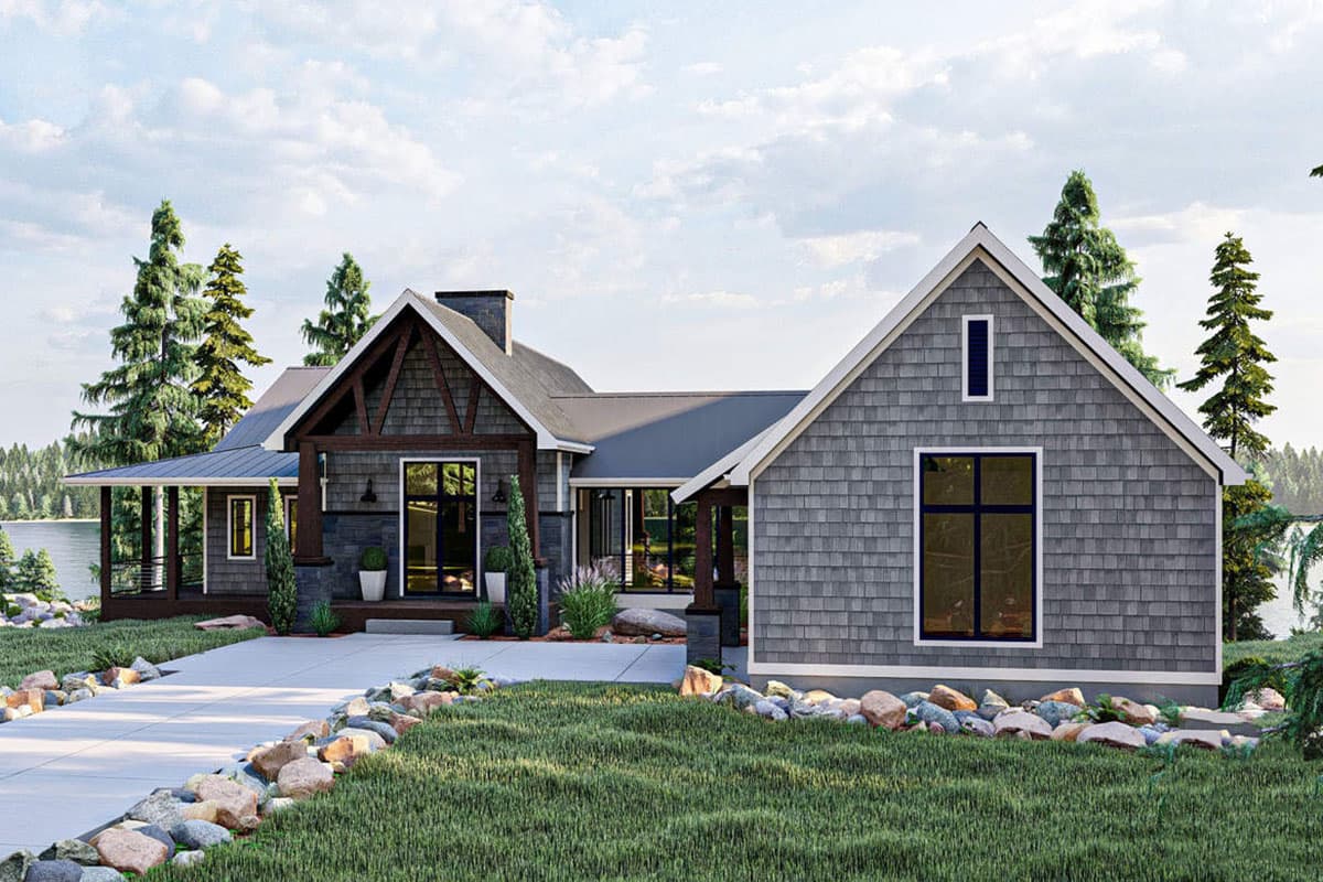 House plan exterior: Modern Farmhouse style, one story, with gables, exposed beams, stone accents, and a covered porch.
