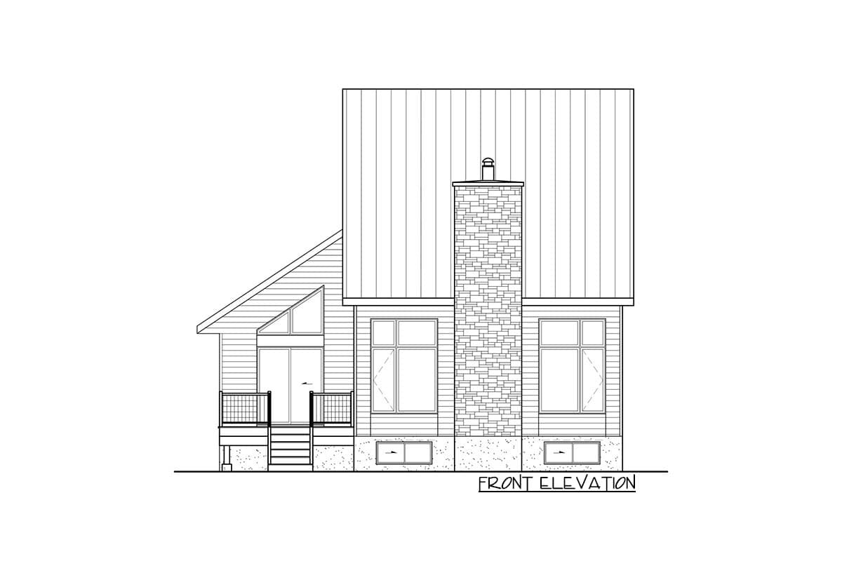 Front elevation house plan showing a metal roof, stone chimney, multiple windows, and a covered deck with stairs.