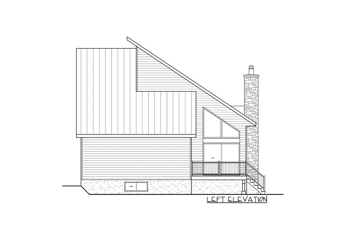 Left elevation drawing of a house plan featuring a stepped roofline, large windows, and a prominent stone chimney.
