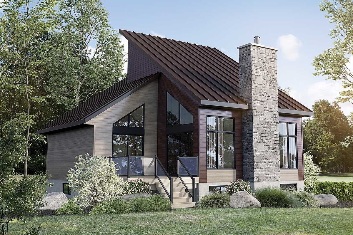 House plan exterior with modern style, one story, and a standing seam metal roof. Features include a stone chimney and large, multi-pane windows.