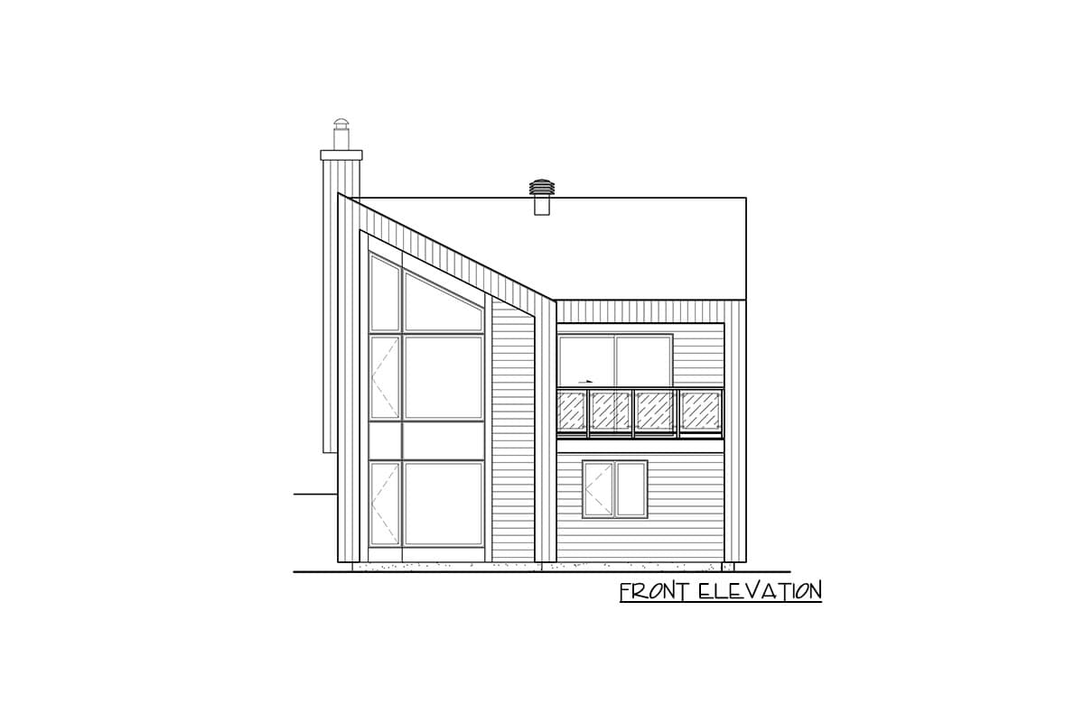 Front elevation of a house plan featuring a large geometric window, balcony, and pitched roofline.