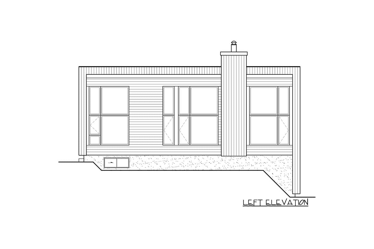 Left elevation house plan with horizontal siding, multiple windows, and a prominent chimney structure.