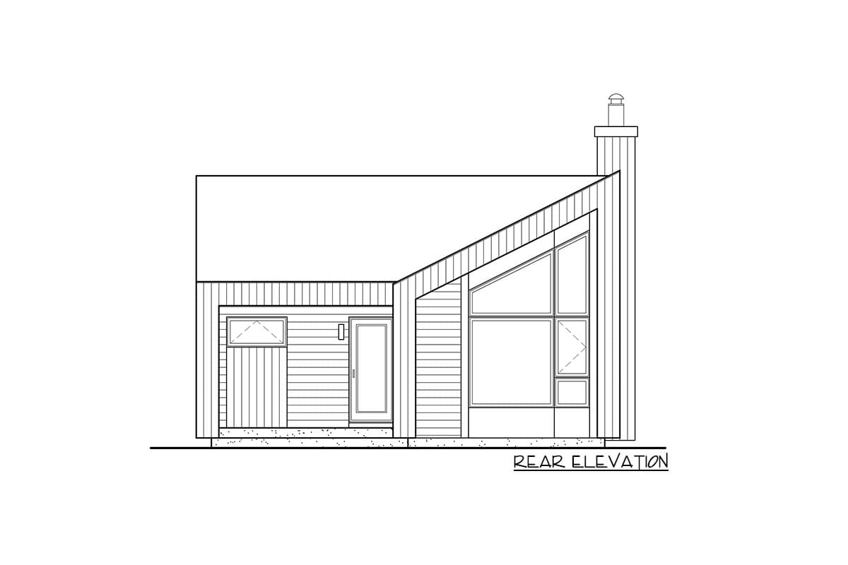Rear elevation drawing of a house with a shed roof, large angular windows, a side entrance, and a chimney.