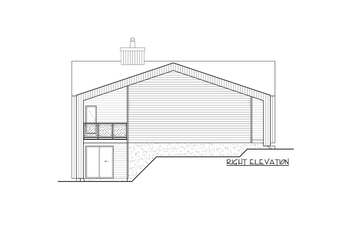Right elevation drawing of a house plan with a prominent gable roof, horizontal siding, chimney, and two-story window and balcony.
