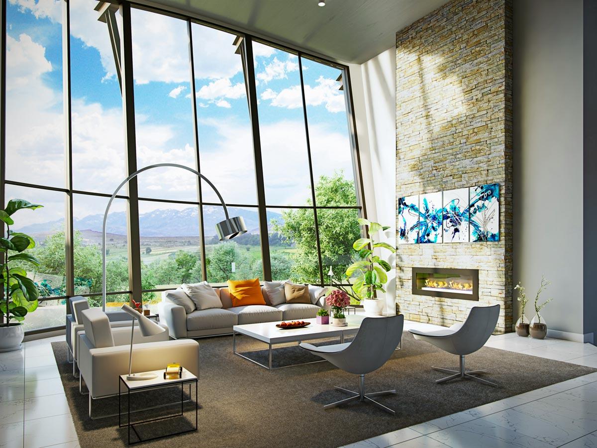 Modern living room with floor-to-ceiling windows, stone fireplace, and minimalist furniture.