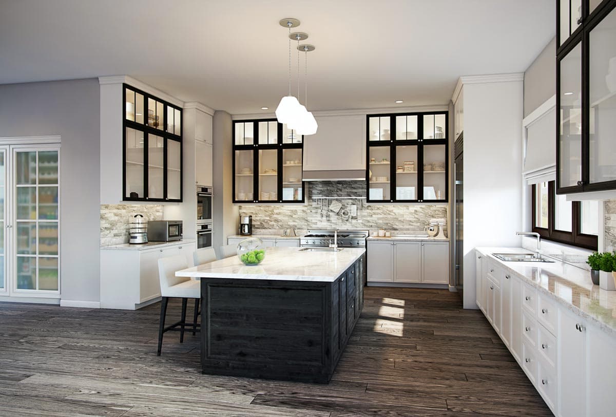 Modern kitchen with large island, white cabinetry, glass-front cabinets with black frames, and wood flooring.