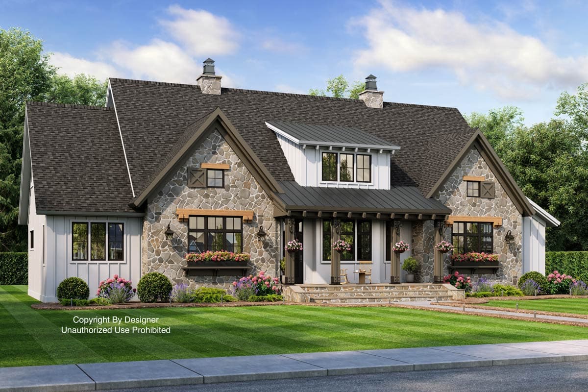 Modern Farmhouse style house plan exterior with stone and board-and-batten siding, a dormer, and a covered porch.