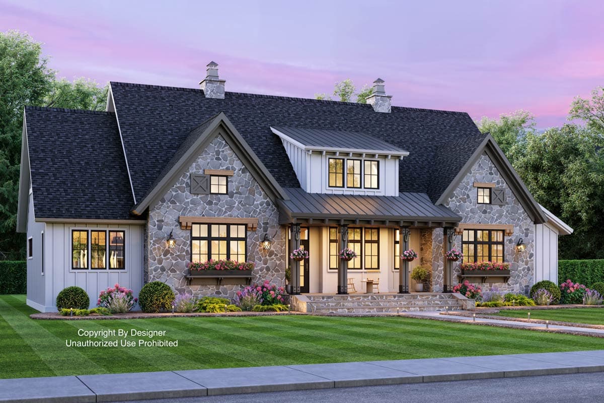 House plan exterior featuring a two-story Modern Farmhouse design with stone accents, a covered porch, gabled roof, and dormer.
