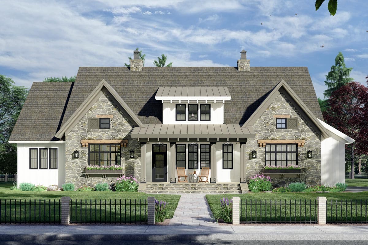 House plan exterior: Modern Farmhouse style, two stories, stone accents, gable roof, dormer, covered entry.