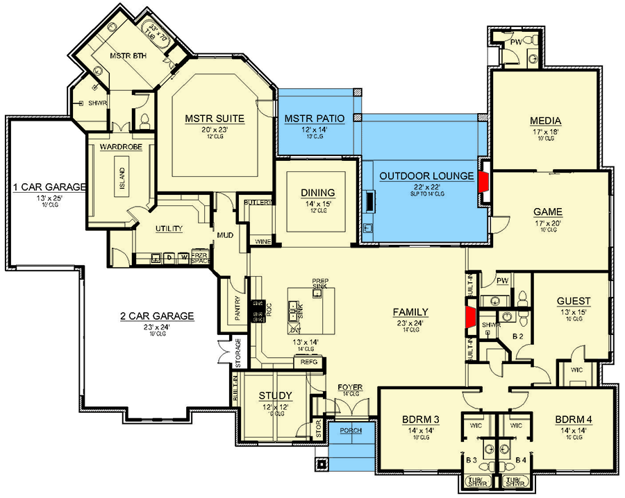 Plan 36644TX: One-level Hill Country House Plan with Game / Media Room - Floor Plan - Main Level - Country, European, Hill Country