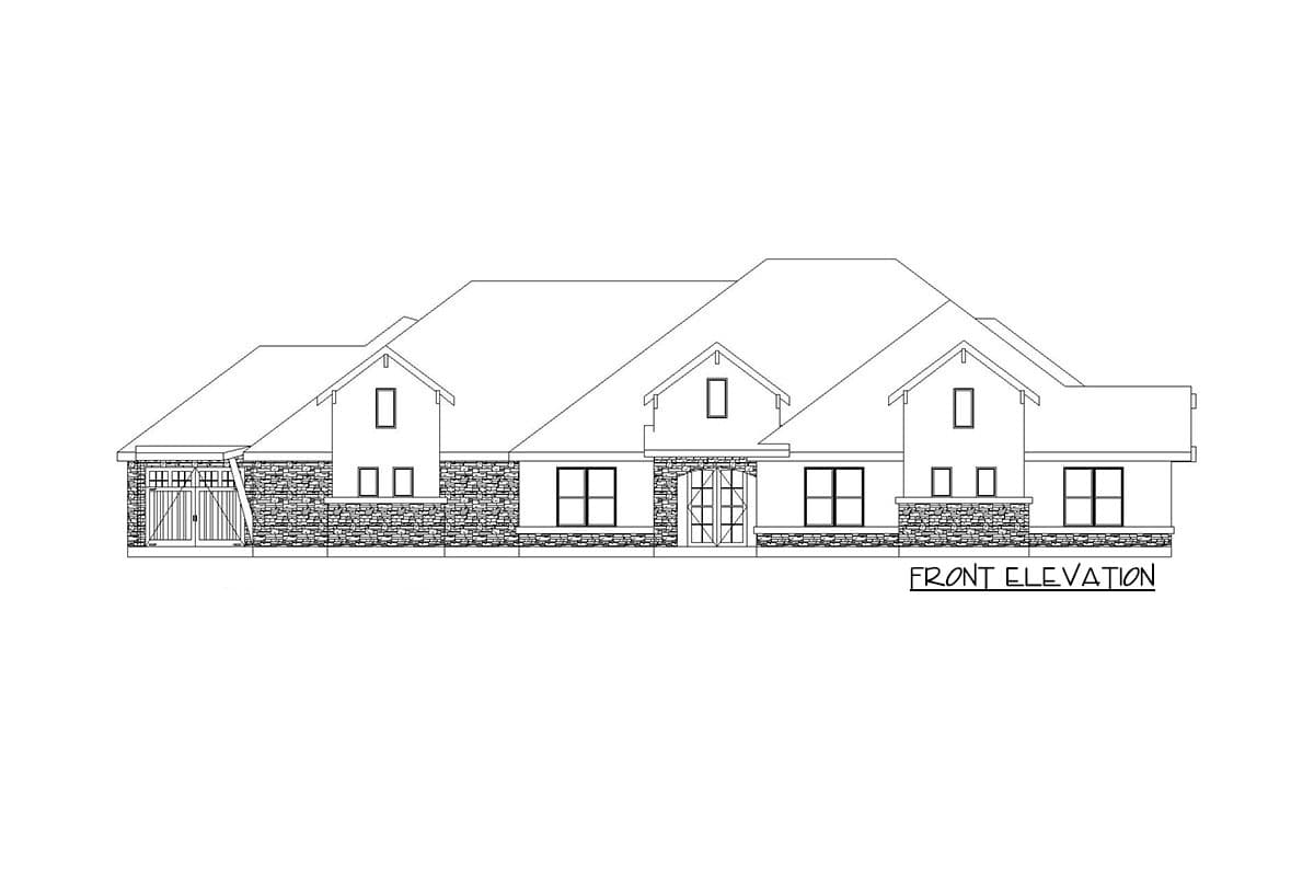 Front elevation drawing of a single-story house plan with stone accents, multiple gables, dormers, and a detached garage.
