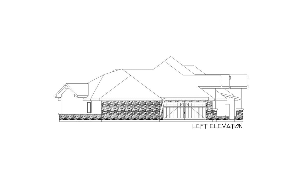 Left elevation of a house plan featuring stone wainscoting, a gable roof, and a detached garage with carriage doors.