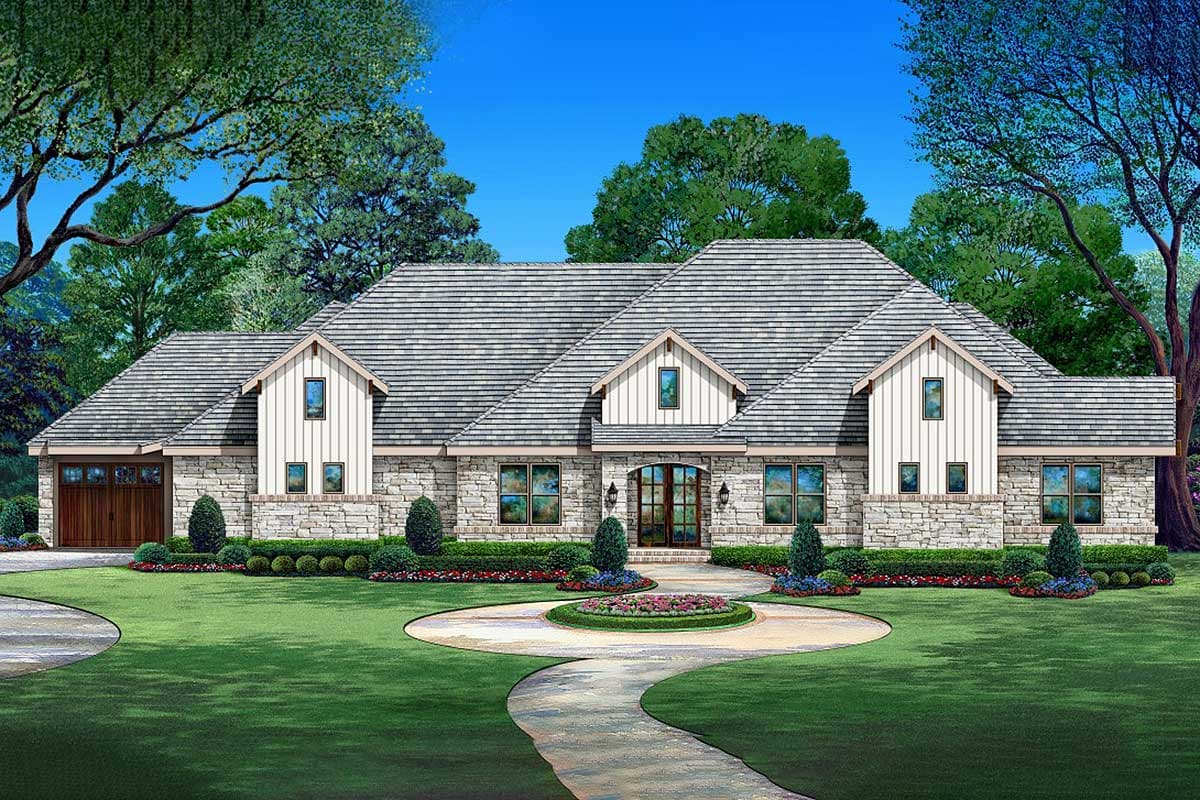 House plan exterior. Ranch style with stone veneer, gabled dormers, and a prominent roofline. Features attached garage and a formal front entry.