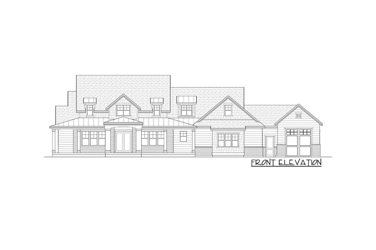 Front elevation drawing of a two-story house plan with a covered porch, gables, dormers, and attached garage.
