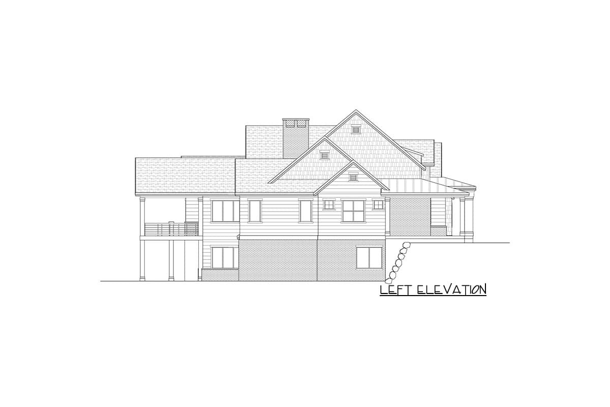 Left elevation of a house plan featuring layered gables, a prominent chimney, and a covered porch with columns.