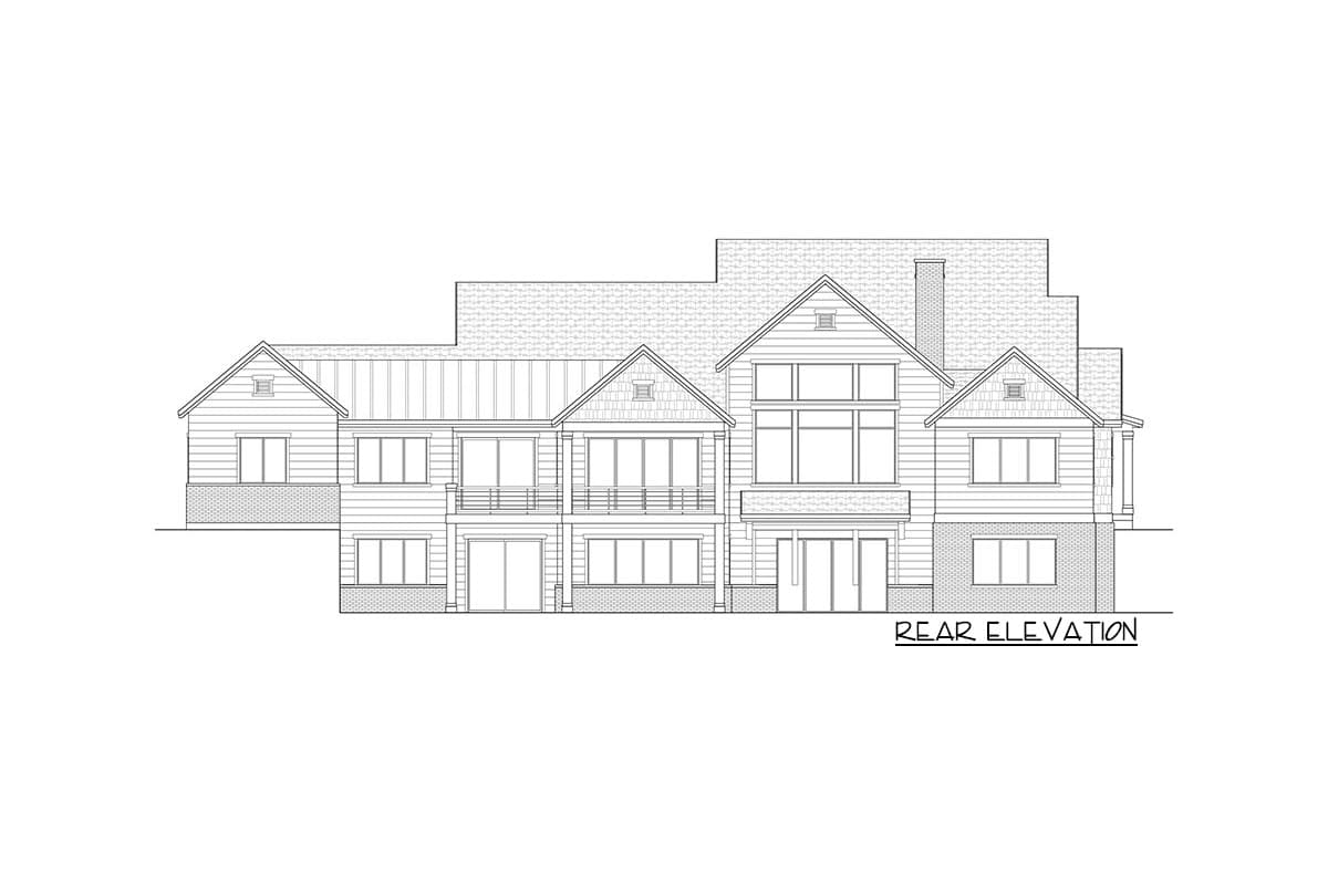 Rear elevation house plan with multiple gables, balconies, and a metal roof section.