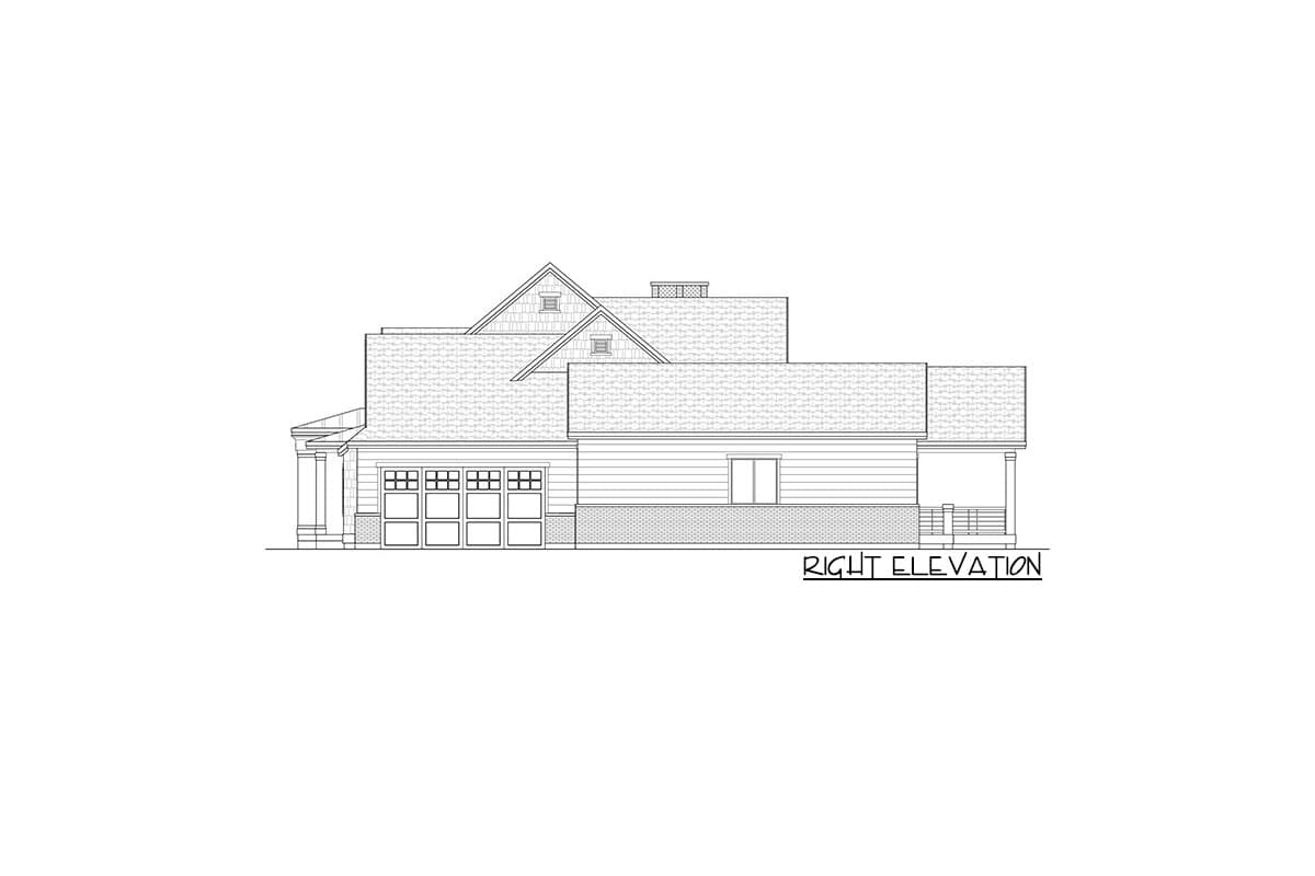 Right elevation drawing of a house plan with a three-car garage, gables, dormers, and a covered porch.