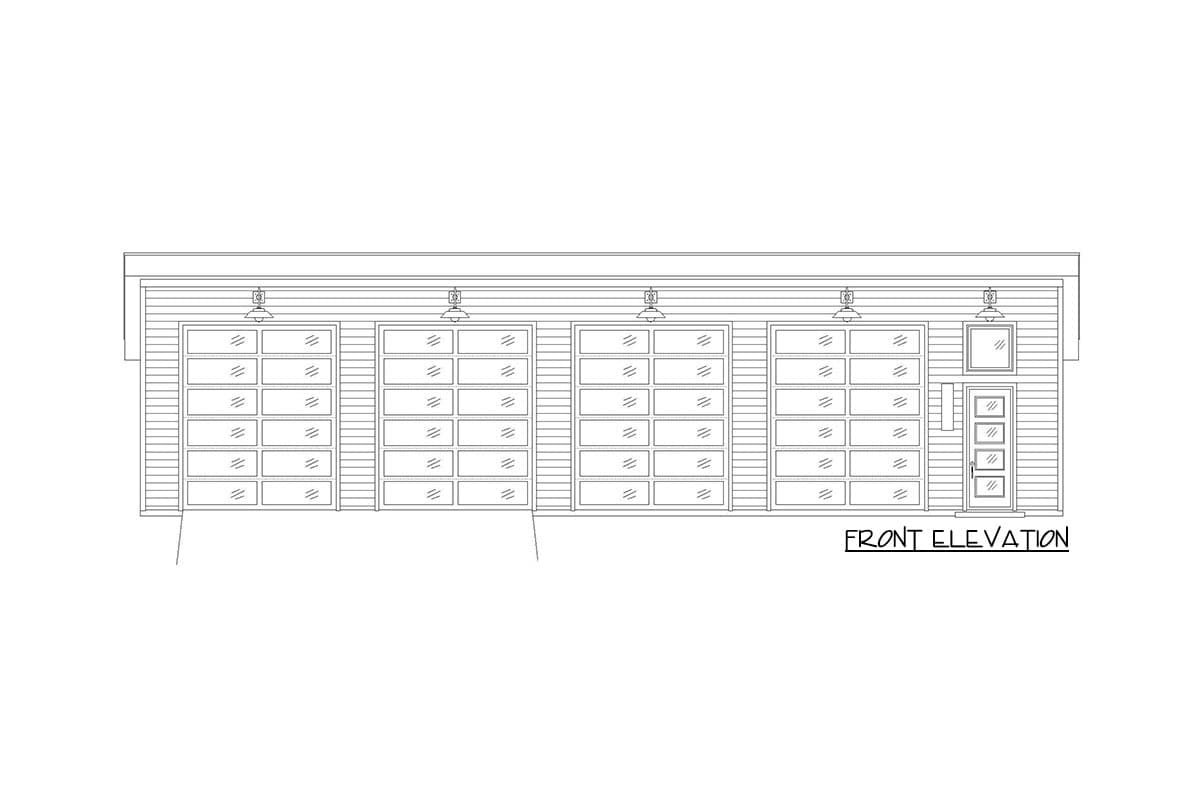 Front elevation drawing of a house plan showing three garage doors with glass panes and one entry door.