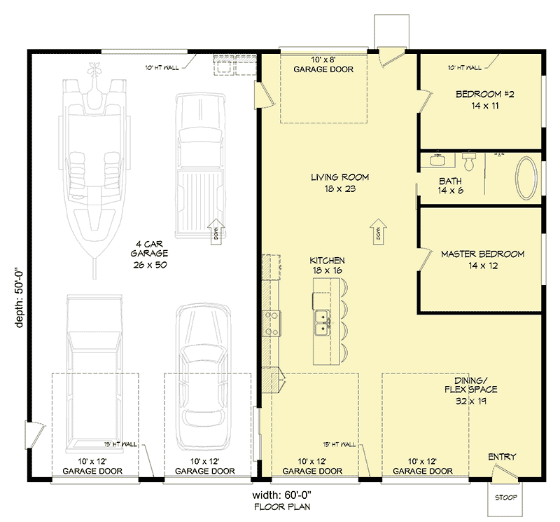 Plan 68728VR: Modern 2-Bed House Plan for the Car Lover - Floor Plan - Main Level - Carriage, Contemporary, Mid Century Modern, Modern