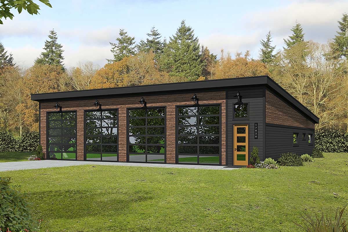 House plan exterior with a flat roof. Features three glass garage doors, wood siding, and a single door entrance.