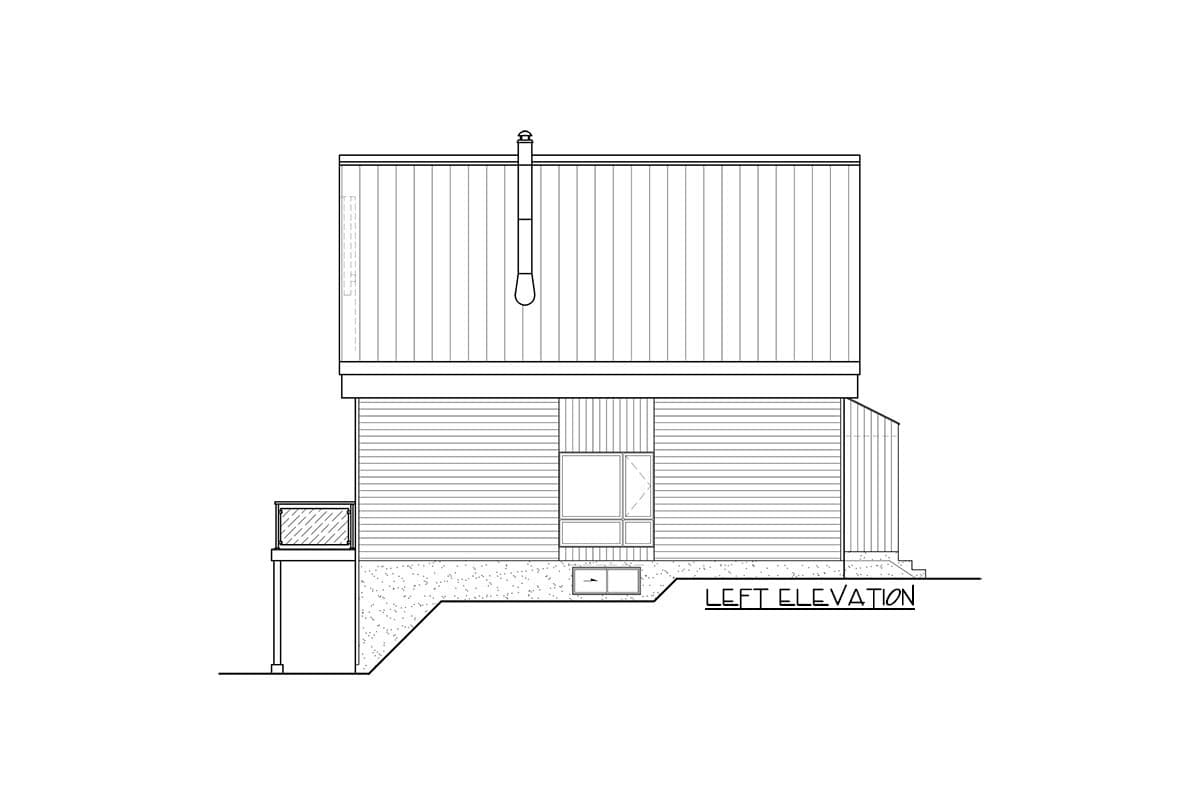 Left elevation drawing of a house plan showing a porch, window, and chimney.