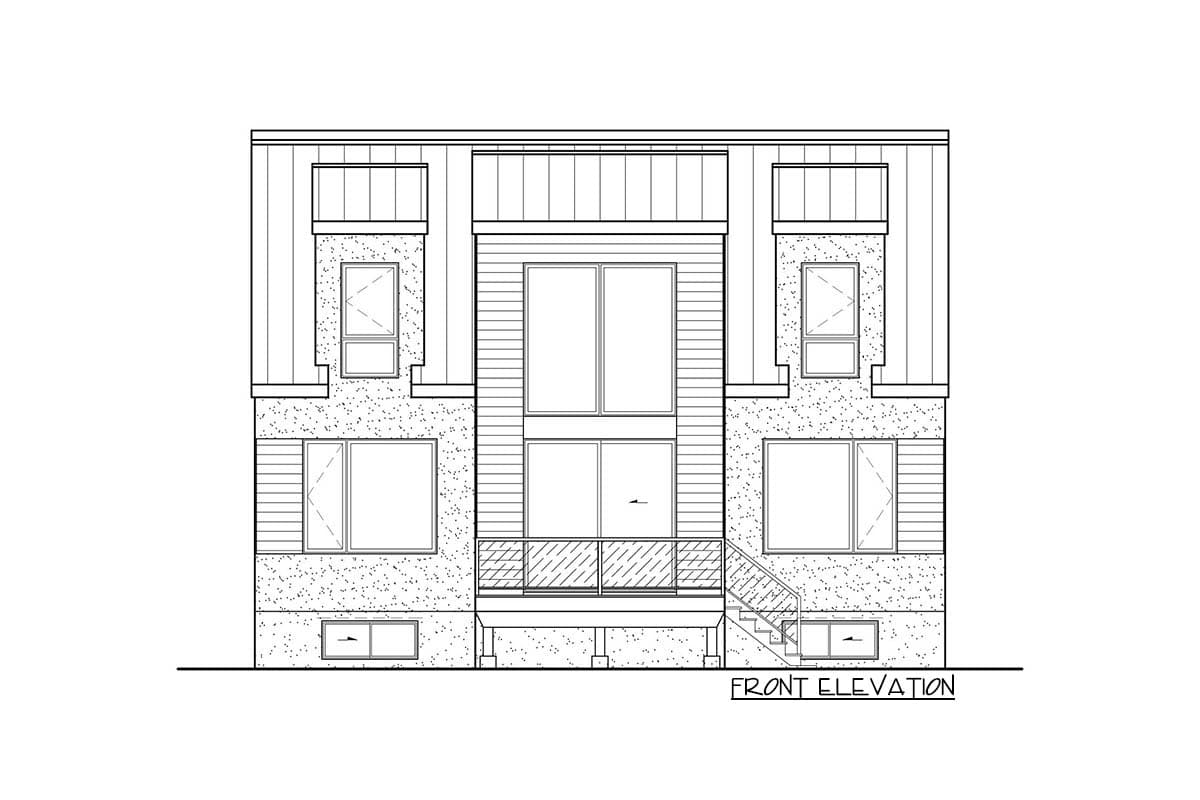 Front elevation drawing of a two-story house plan with a central vertical window arrangement and stone accents.