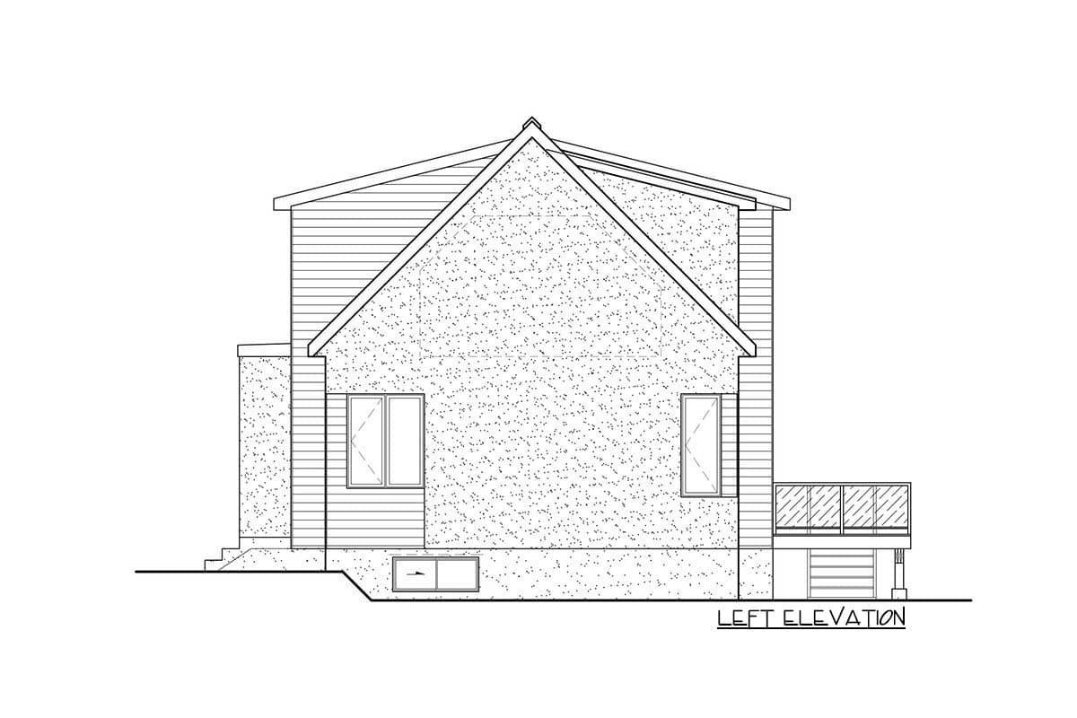 Left elevation house plan: two stories, gable roof, siding and stone facade, windows, deck, and garage.