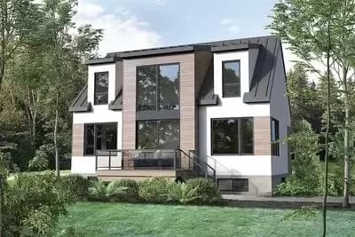 3-Bed New American Contemporary House Plan with 2-Story Windows In Back