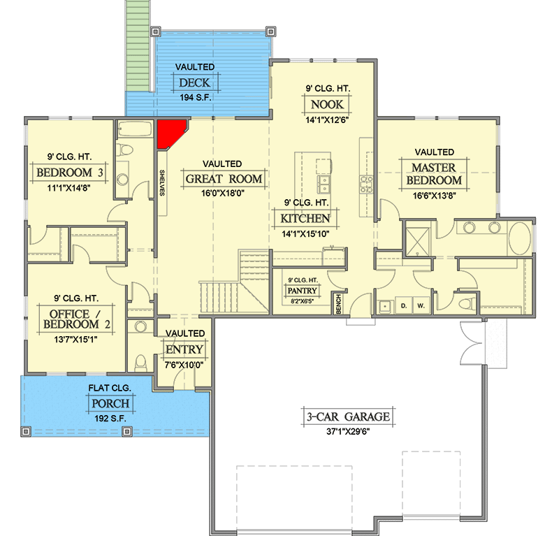 Plan 365009PED: Hillside Craftsman with Barnwood-accented Exterior and a 3-car Garage - Floor Plan - Main Level - Craftsman, Mountain, Ranch