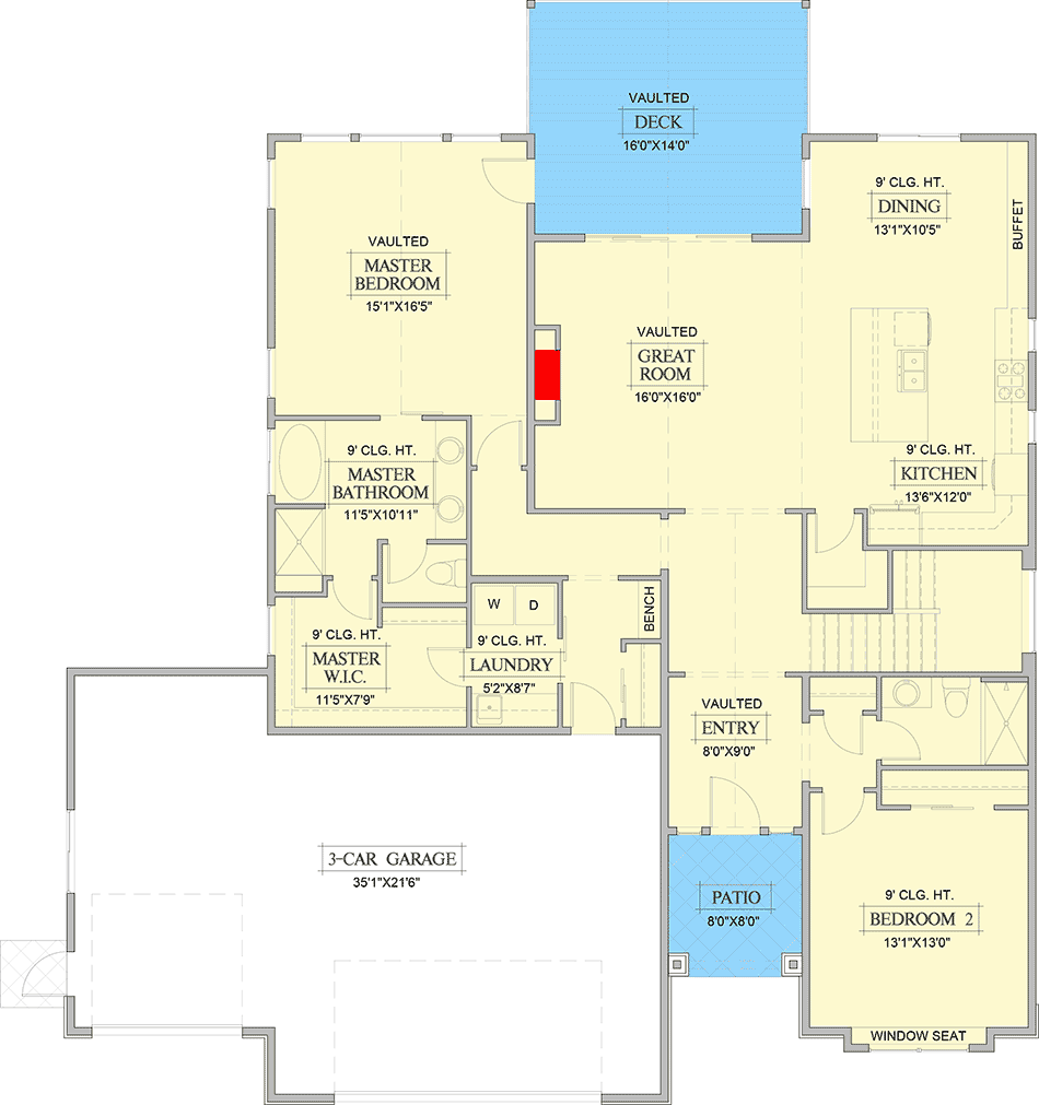 Plan 365010PED: Exclusive Shingle, Stone and Stucco One-story Craftsman Home Plan for the Rear-sloping Lot - Floor Plan - Main Level - Craftsman, Mountain, New American