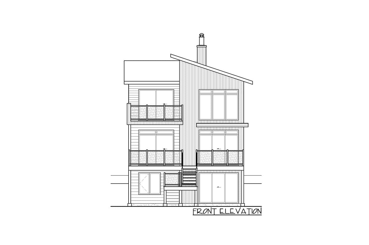 Front elevation drawing of a three-story house plan with balconies, large windows, and a sloped roof.