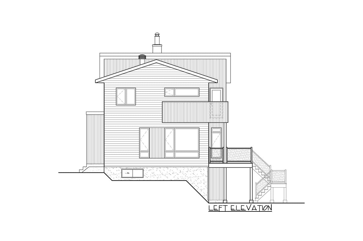 Left elevation drawing of a two-story house with horizontal siding, gabled roof, balcony, and exterior stairs.