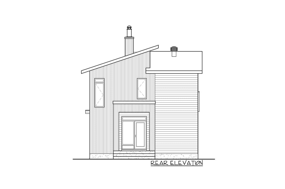 Rear elevation drawing of a two-story house with vertical siding, hip roof, chimney, and double doors.