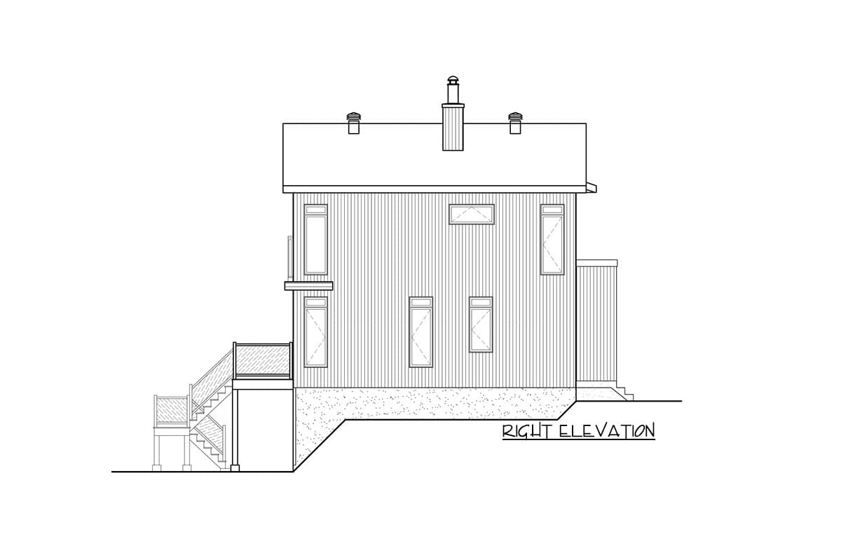Right elevation house plan showing siding, multiple windows, a balcony, chimney, and exterior stairs.