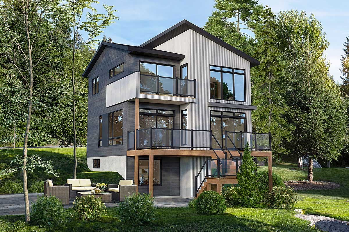 House plan exterior. Contemporary-style, three-story home. Features include a deck with glass railing, multiple balconies, and a gabled roof.