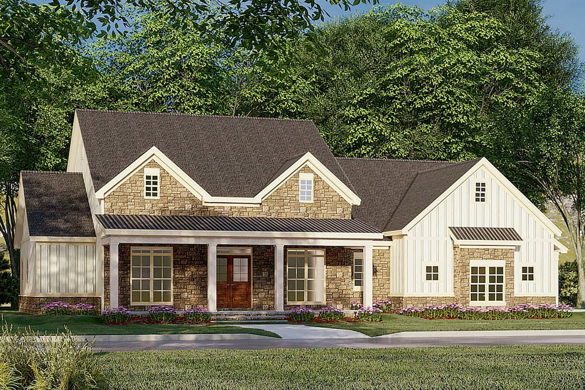 House plan exterior with stone and siding, two stories, front porch with columns, gables, and varied rooflines.