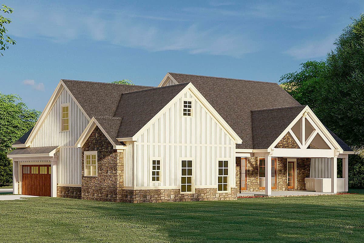 House plan exterior with stone and board-and-batten siding, prominent gables, and covered porch with exposed beams.