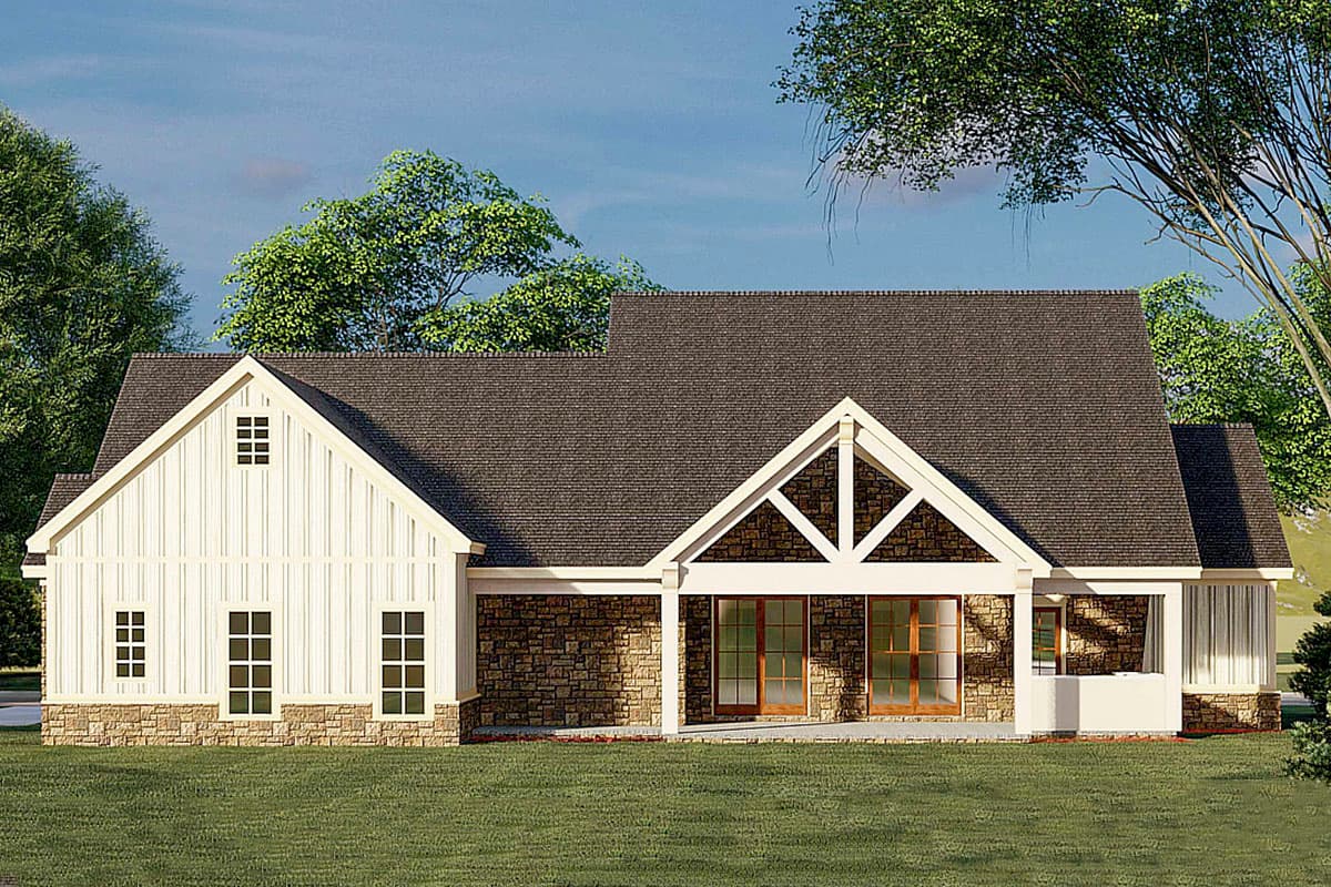 House plan exterior, one story, board and batten siding, stone base, prominent gables with decorative trusses, and large sliding glass doors.