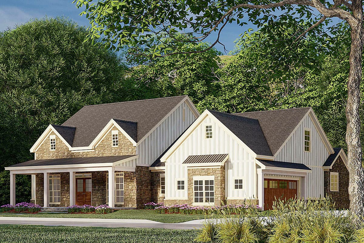 House plan exterior: Modern Farmhouse style, two stories, with stone accents, prominent gables, wide porch, and attached garage.
