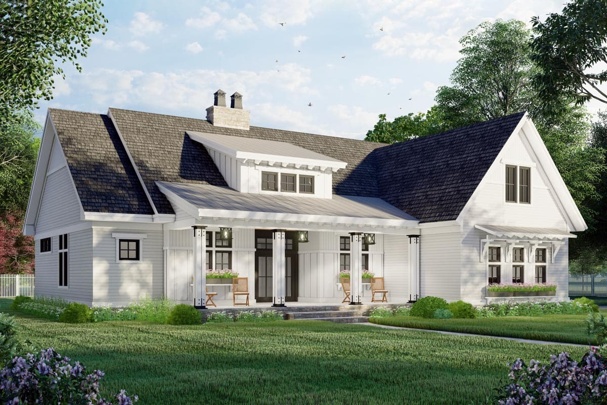 Modern Farmhouse style house plan exterior with a covered front porch, dormer, and multiple gables.