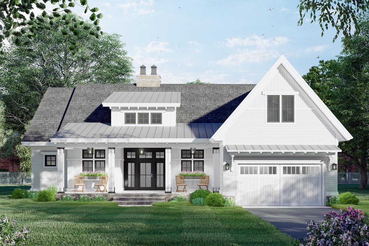 House plan exterior featuring a two-story Modern Farmhouse design. Key features include a front porch, gables, a dormer, and an attached garage.
